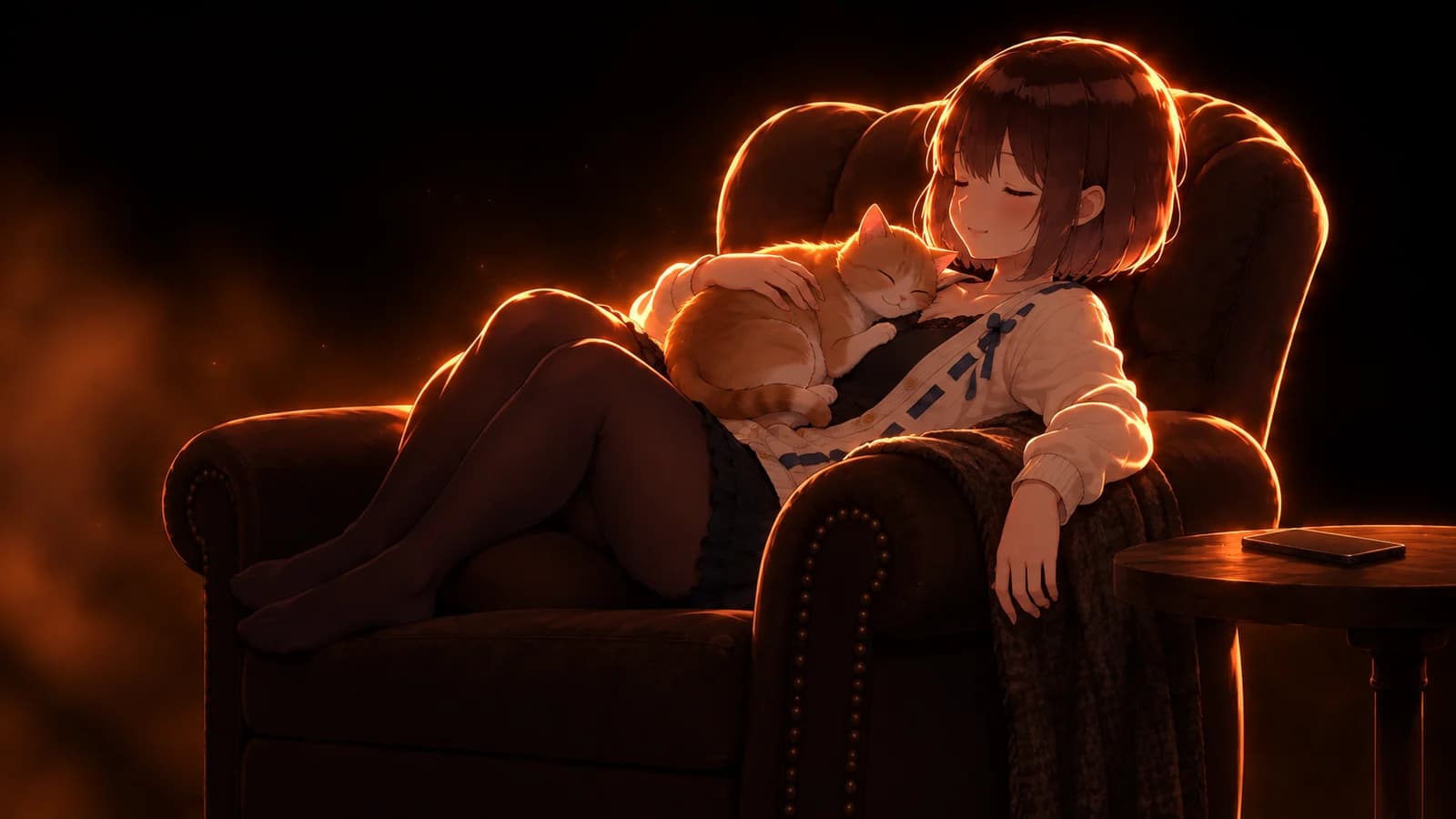 AI-generated illustration of the girl resting with her eyes closed and a ginger cat asleep on her chest