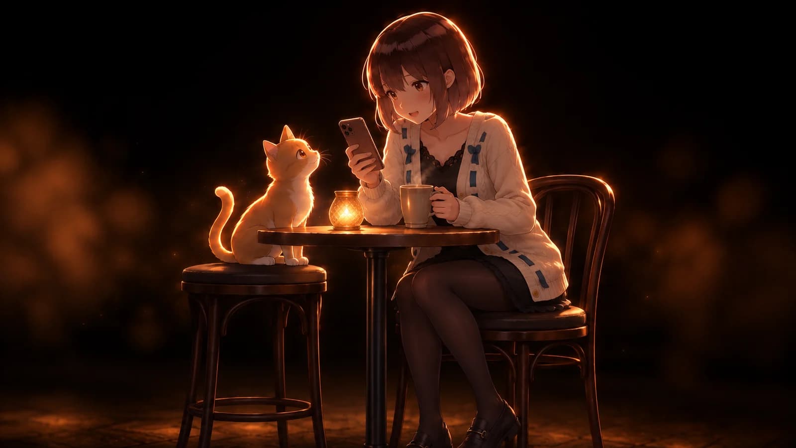 AI-generated illustration of the girl reading her phone at a cafe table while a ginger cat watches from a stool