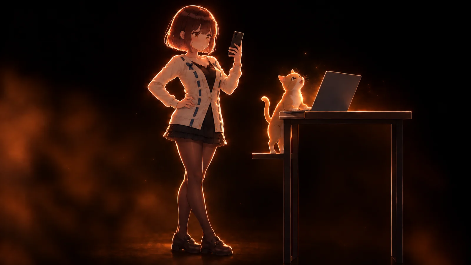 AI-generated illustration of the girl considering her phone while a ginger cat reaches onto a laptop