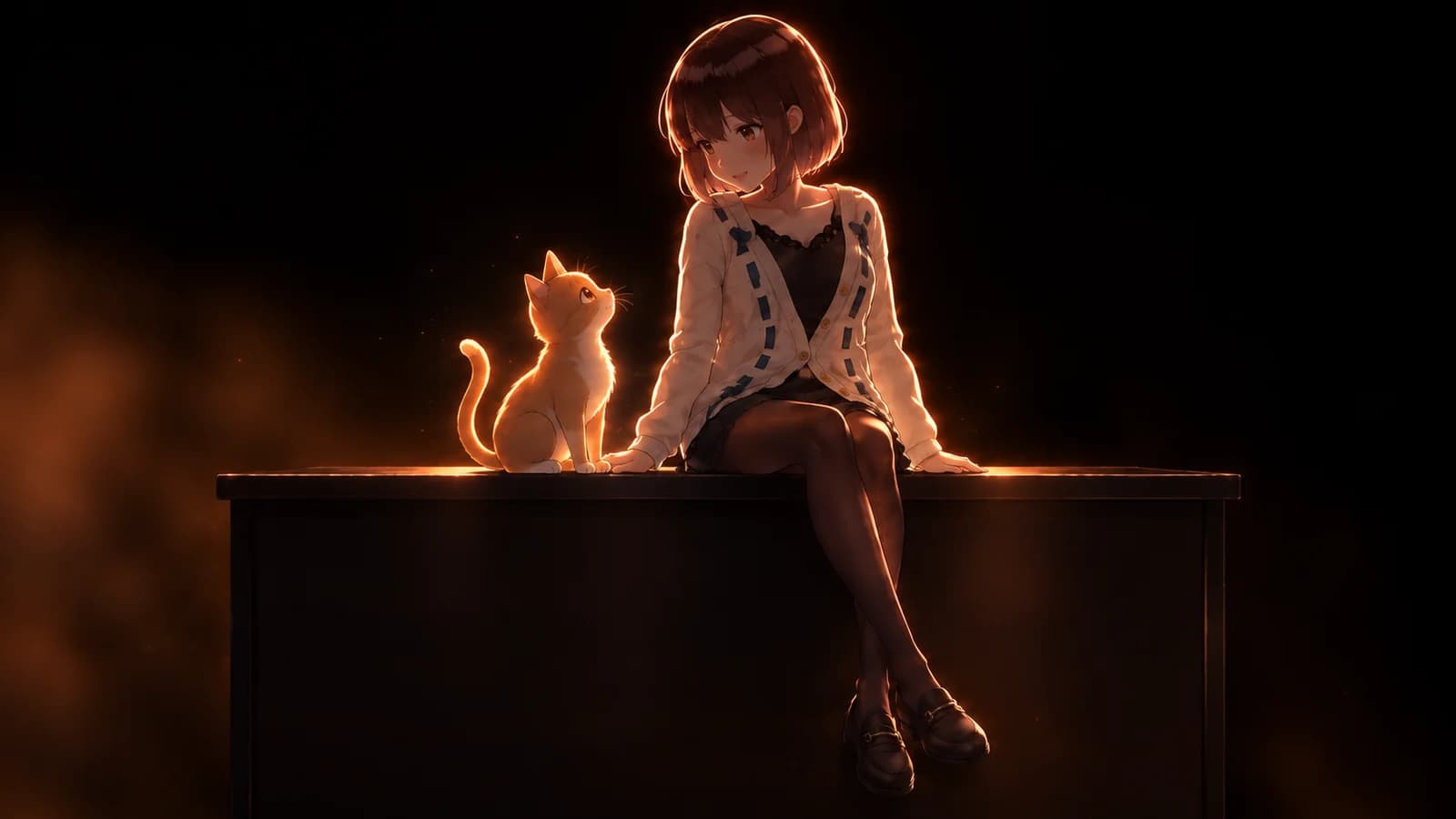 AI-generated illustration of the girl and a ginger cat looking at each other on a desk edged with amber light