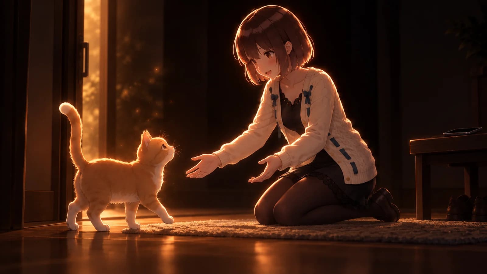 AI-generated illustration of the girl kneeling with open arms to welcome a ginger cat at the door