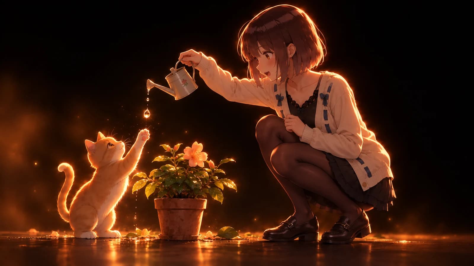 AI-generated illustration of the girl crouching to water a plant as a ginger cat reaches for a falling droplet