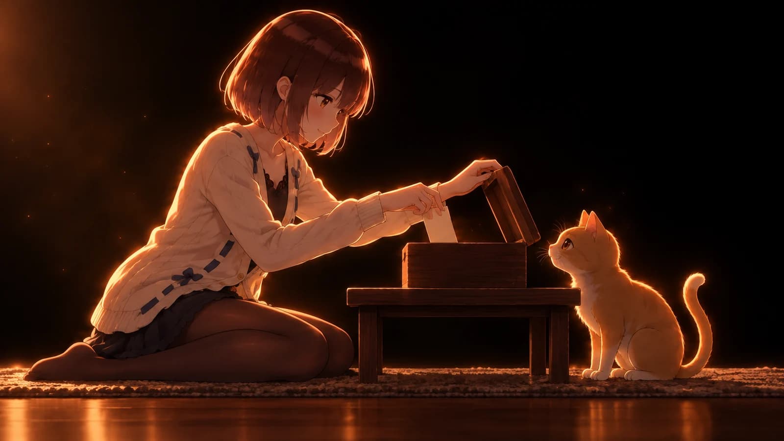 AI-generated illustration of the girl placing a keepsake in a wooden box as a ginger cat watches
