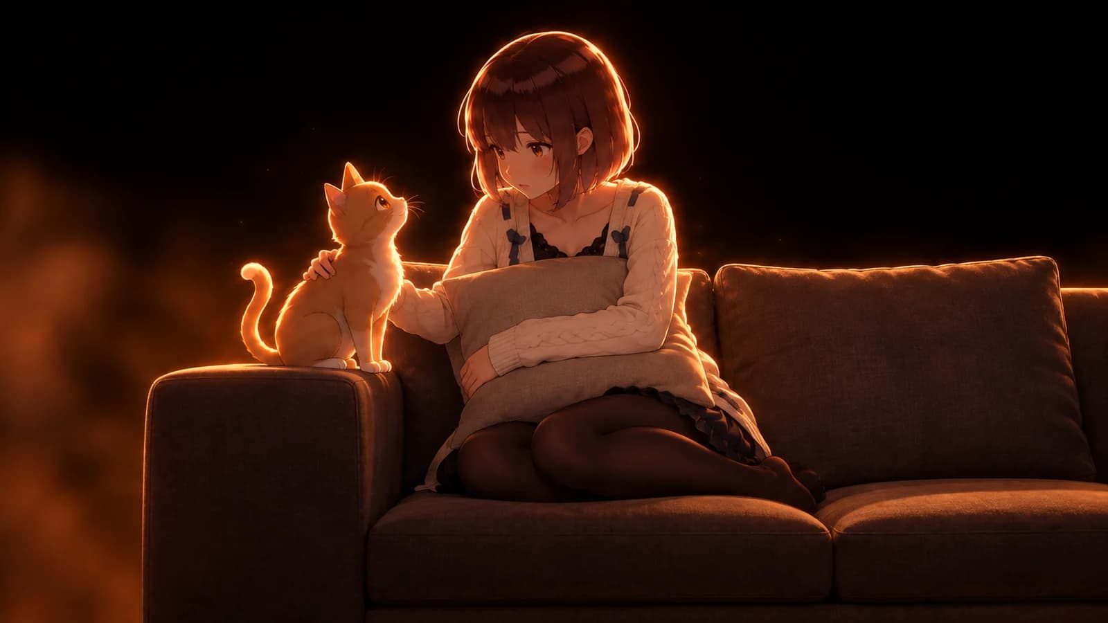 AI-generated illustration of the girl hugging a cushion on a sofa and listening thoughtfully beside a ginger cat