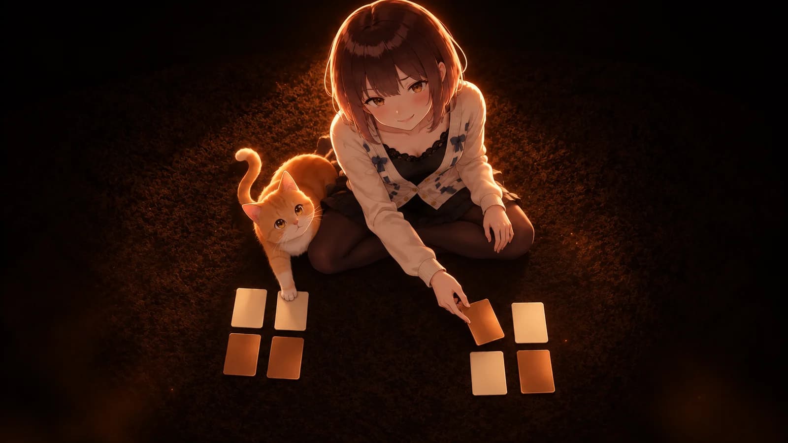 AI-generated overhead illustration of the girl rearranging memory cards on a rug beside a ginger cat