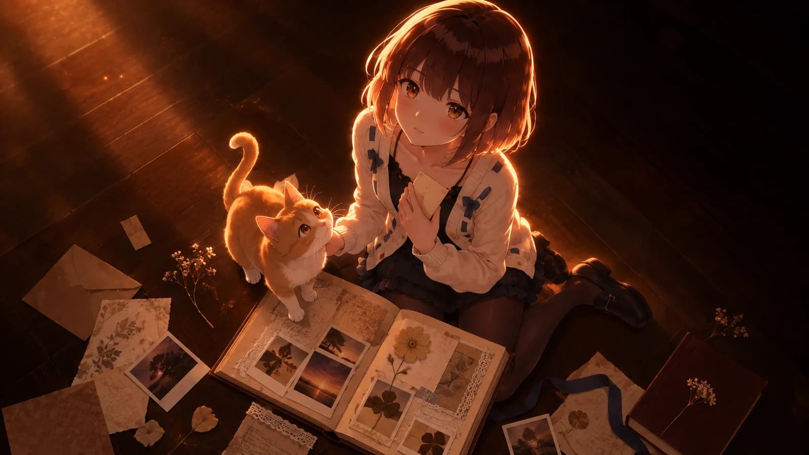 AI-generated illustration of the girl holding a keepsake beside an open scrapbook and a ginger cat