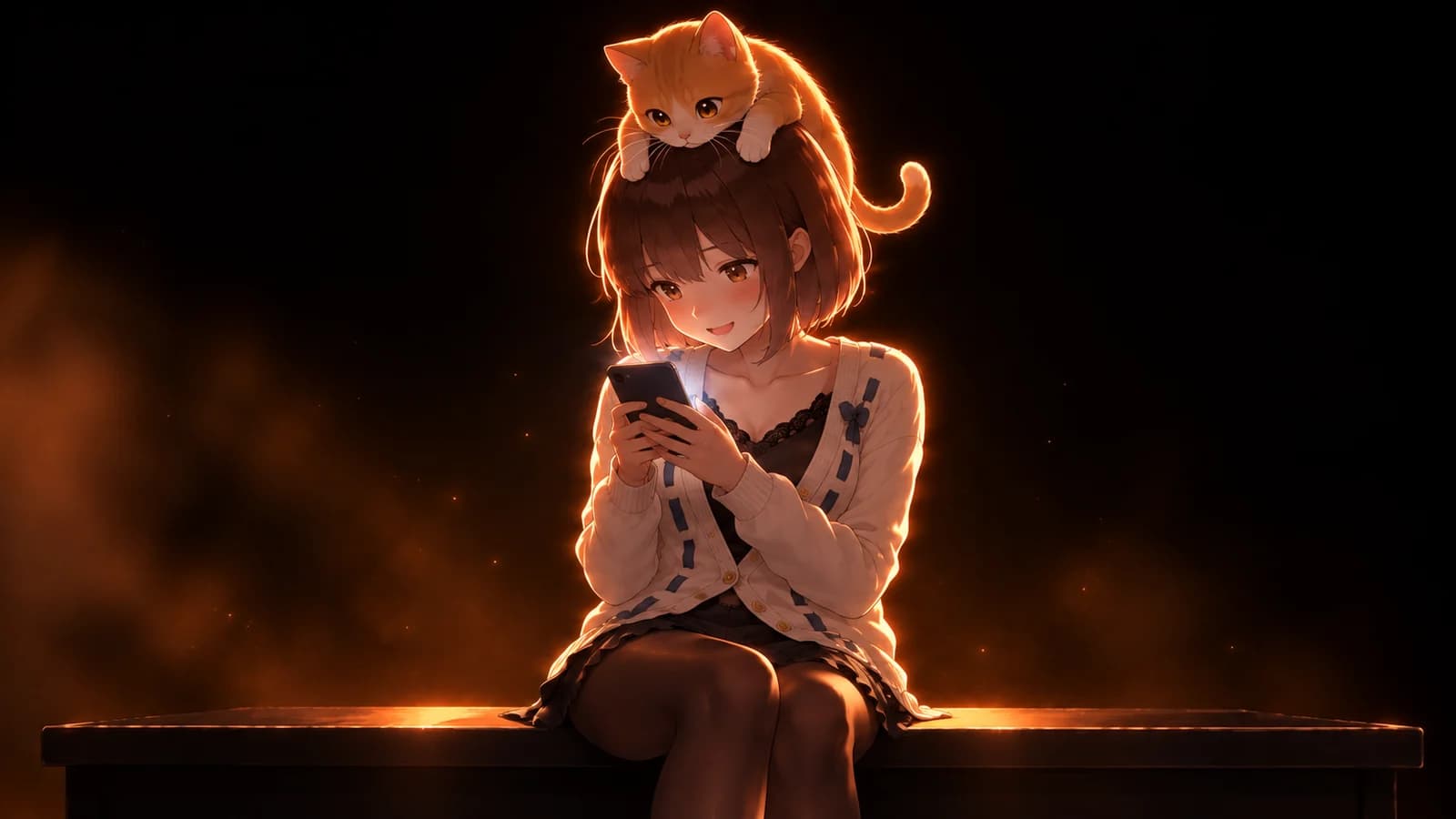AI-generated illustration of the girl texting on her phone with a ginger cat resting on her head