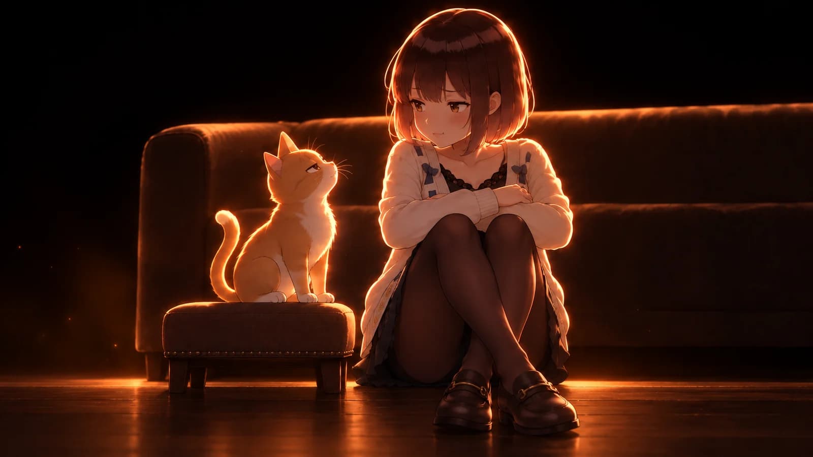 AI-generated illustration of the girl hugging her knees and exchanging playfully skeptical looks with a ginger cat