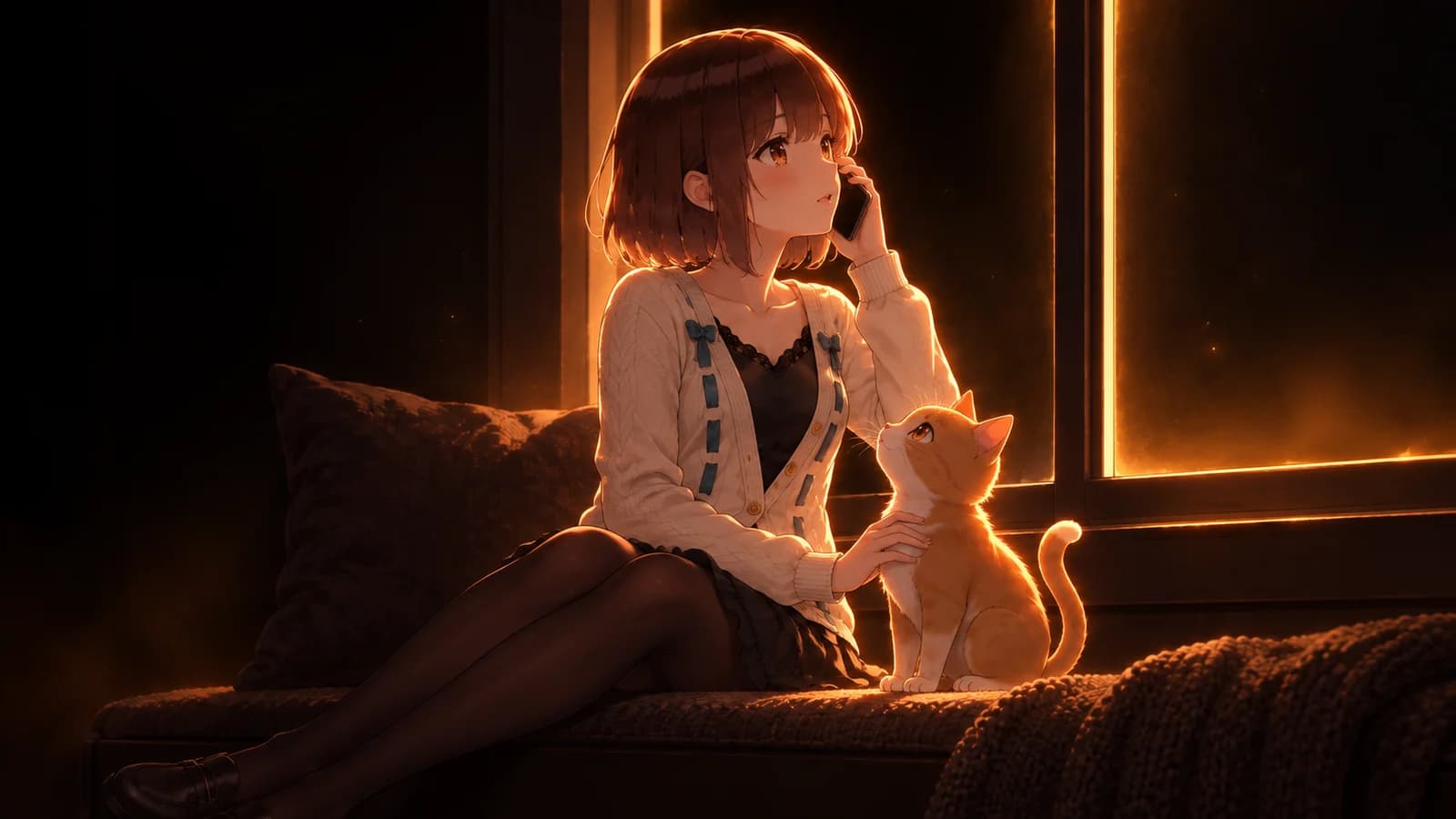 AI-generated illustration of the girl listening on her phone beside a ginger cat on a window seat