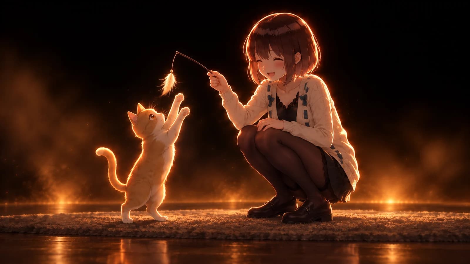 AI-generated illustration of the girl crouching and laughing as a ginger cat reaches for a feather toy