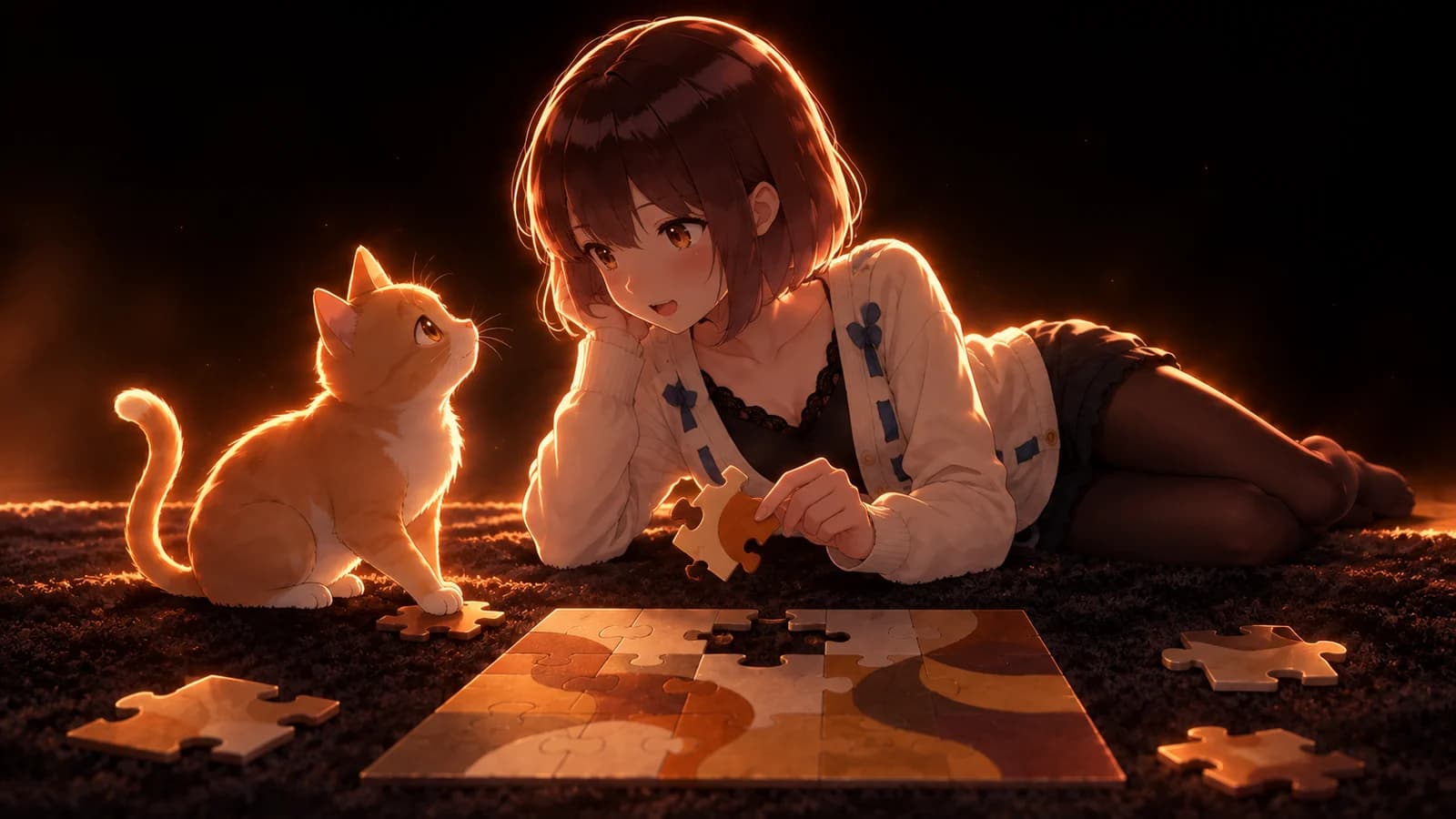 AI-generated illustration of the girl lying beside a wooden jigsaw puzzle with a ginger cat holding one piece under its paw