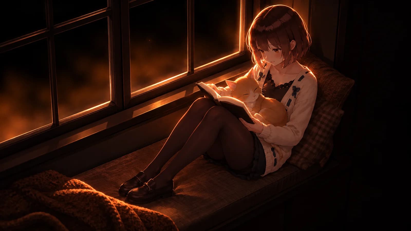 AI-generated illustration of the girl reading on a window seat with a ginger cat curled in her lap