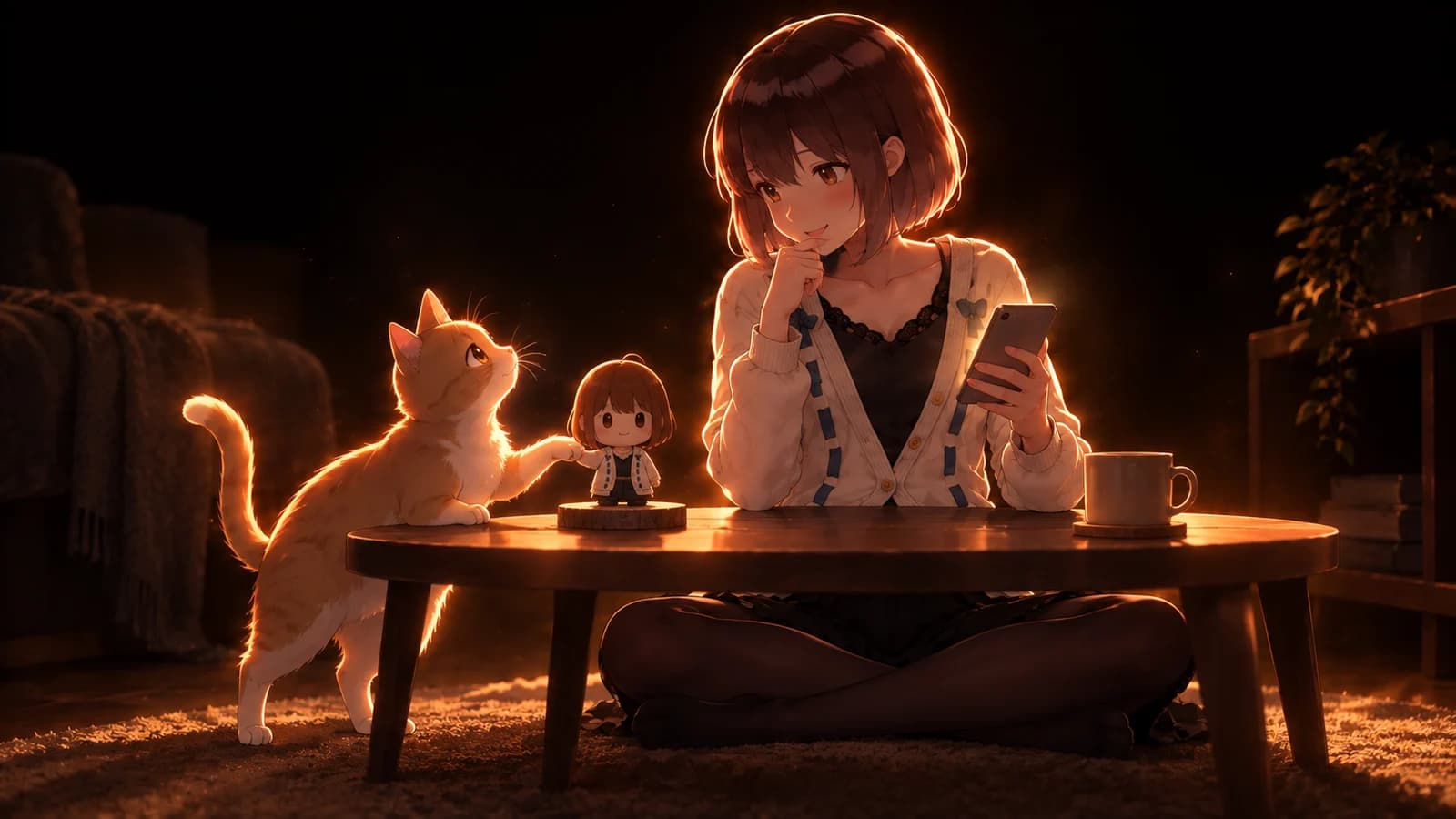 AI-generated illustration of the girl weighing a phone against a small character figurine as a ginger cat touches the figurine