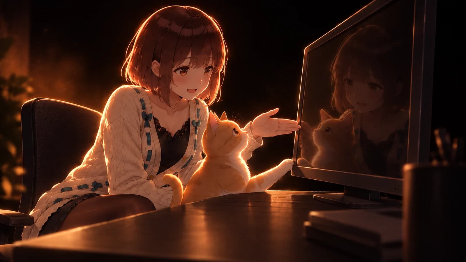 AI-generated illustration of the girl and ginger cat looking at their reflections in a dark computer screen
