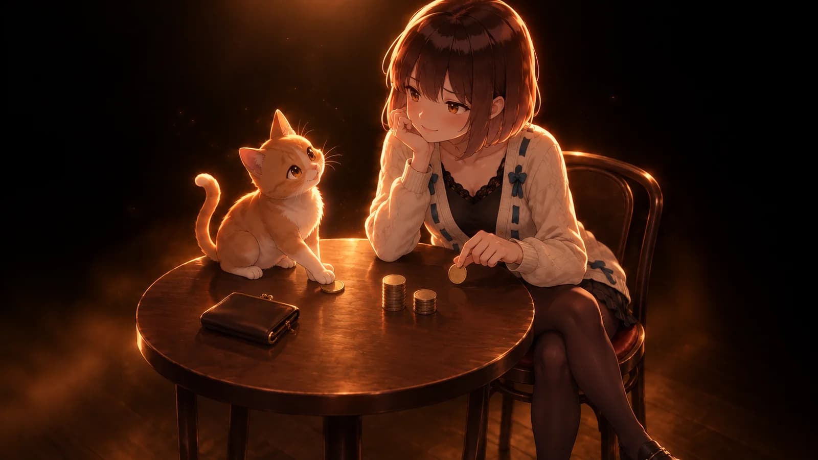 AI-generated illustration of the girl considering small stacks of coins while a ginger cat paws at a loose coin