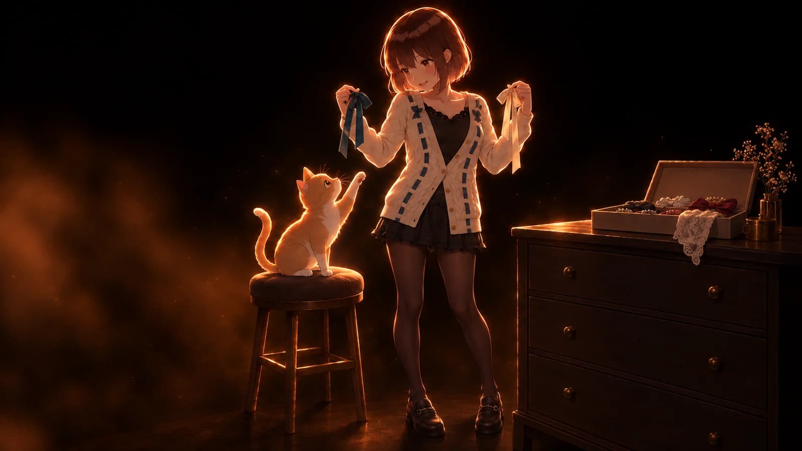 AI-generated illustration of the girl choosing between two hair ribbons while a ginger cat reaches for one