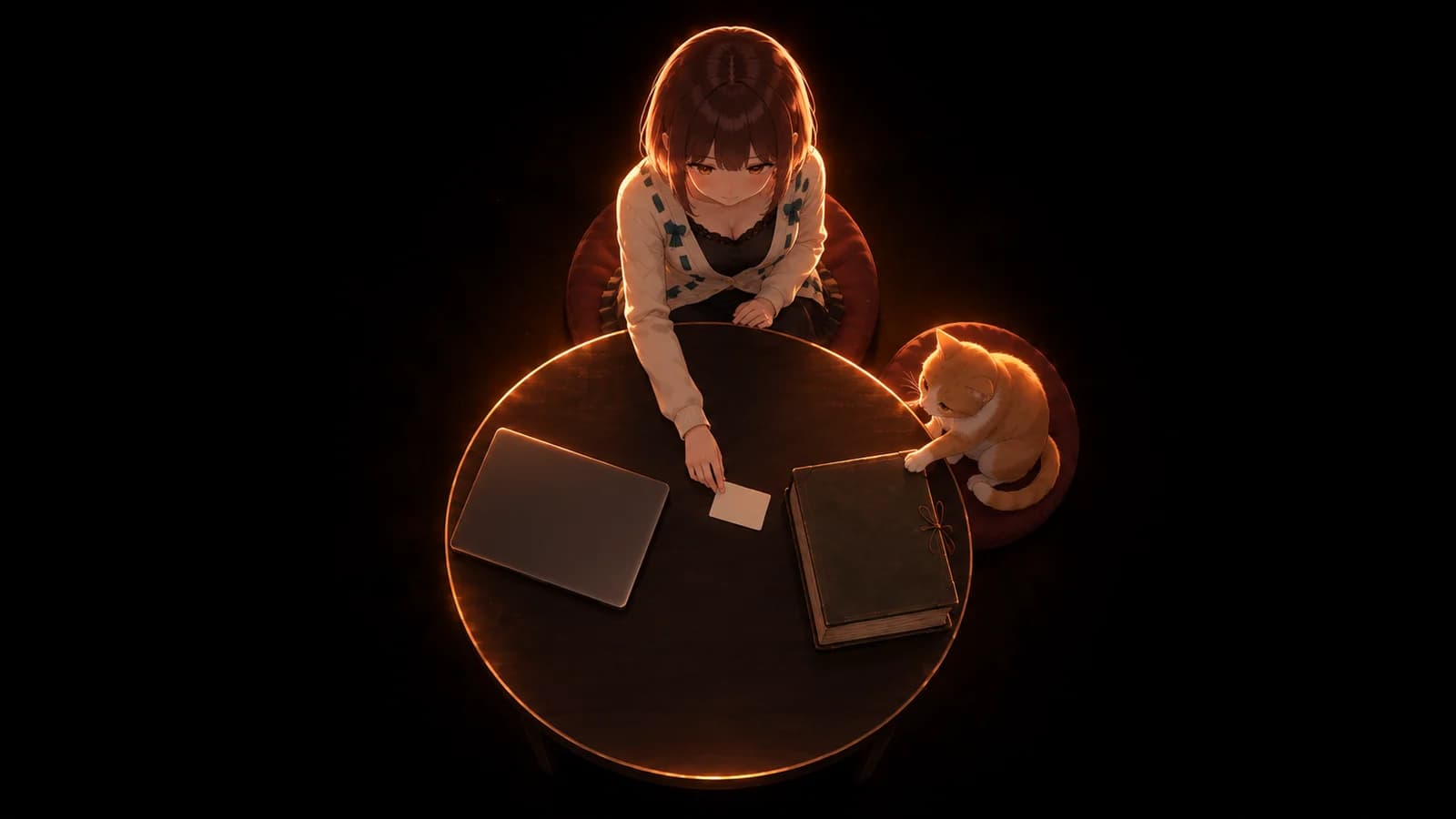 AI-generated overhead illustration of the girl moving a card from a laptop toward a scrapbook guarded by a ginger cat