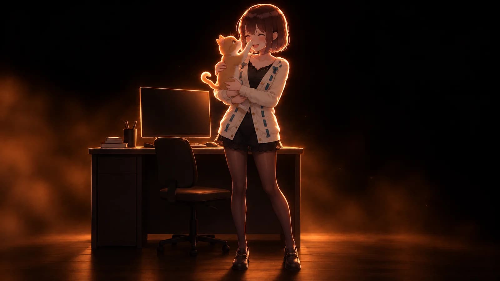 AI-generated illustration of the girl laughing beside her computer while a ginger cat in her arms touches her nose