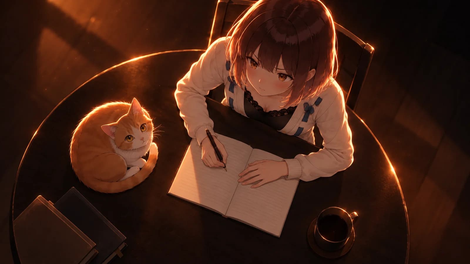 AI-generated overhead illustration of the girl writing in a notebook beside a curled-up ginger cat