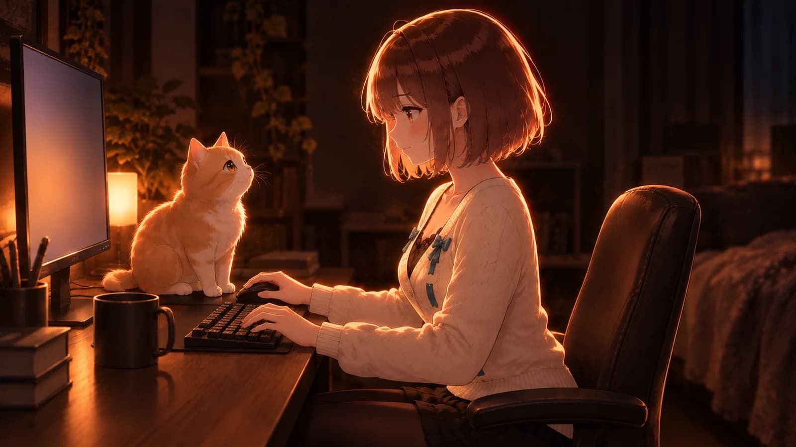 AI-generated illustration of the girl in side profile at her workstation with a ginger cat beside the monitor