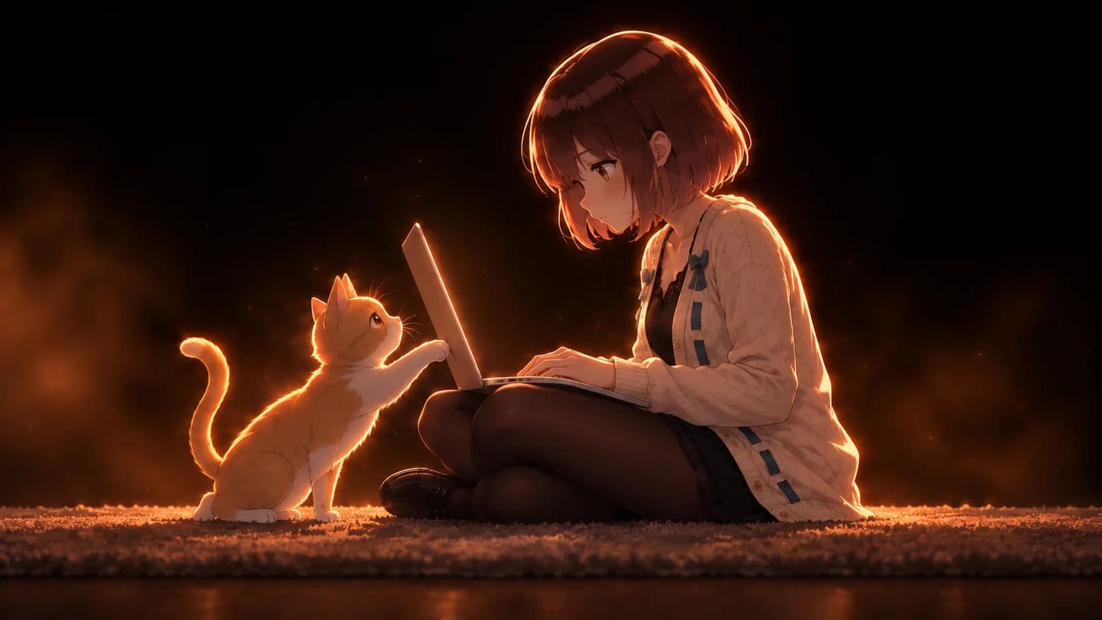 AI-generated illustration of the girl sitting cross-legged with a silver laptop as a ginger cat reaches toward it