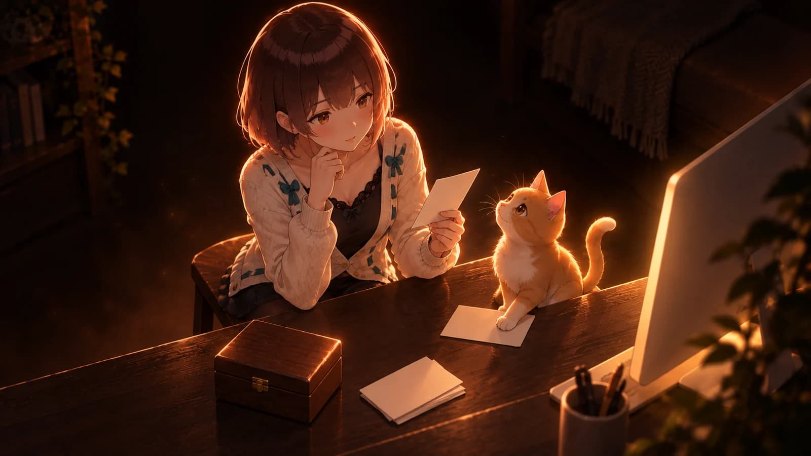 AI-generated illustration of the girl examining blank message cards beside a computer while a ginger cat keeps one under its paw