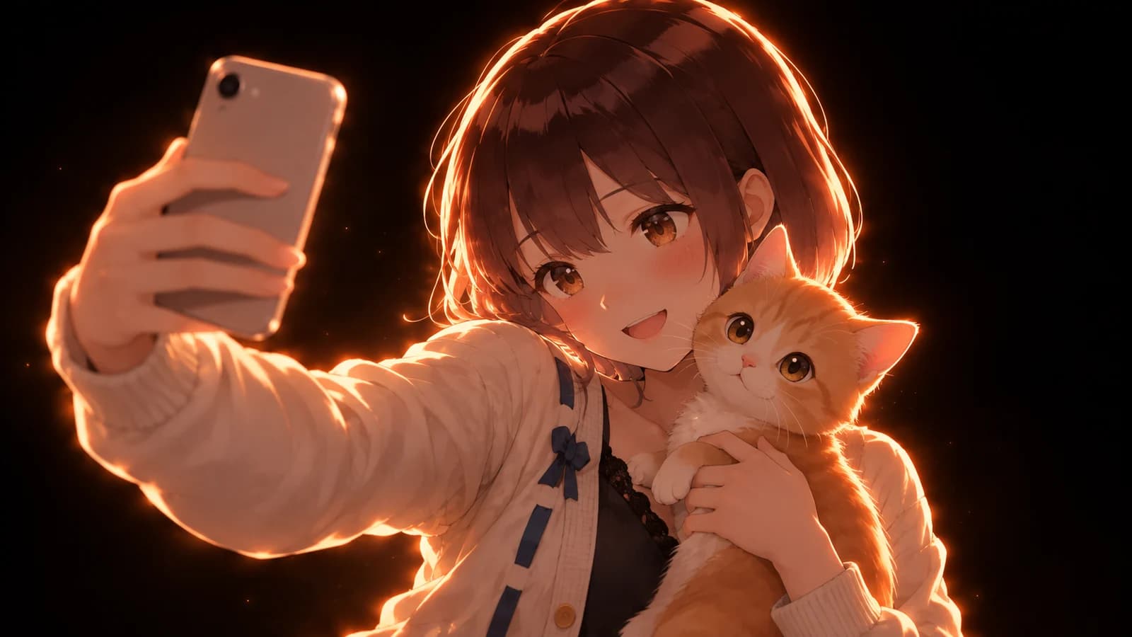 AI-generated illustration of the girl taking a phone selfie with a ginger cat nestled against her shoulder