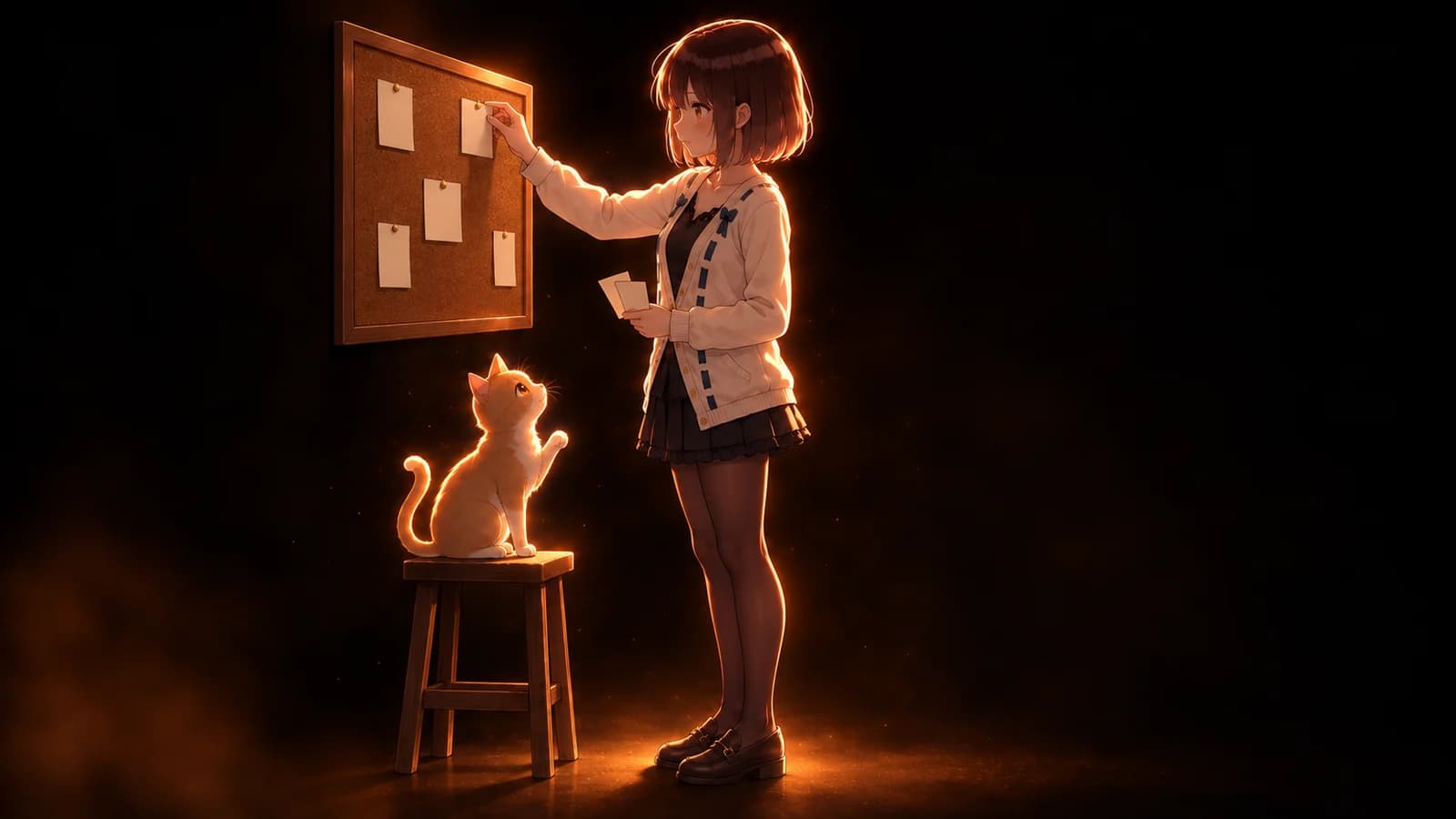 AI-generated illustration of the girl pinning a card to a planning board with a ginger cat reaching up from a stool