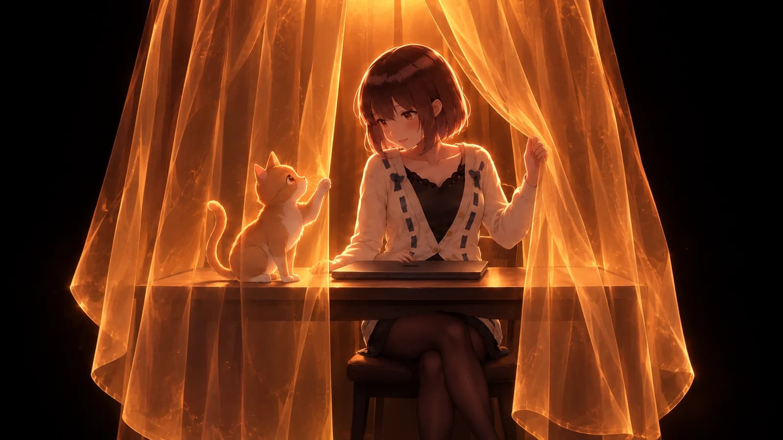 AI-generated illustration of the girl drawing an amber curtain around a desk as a ginger cat touches the fabric