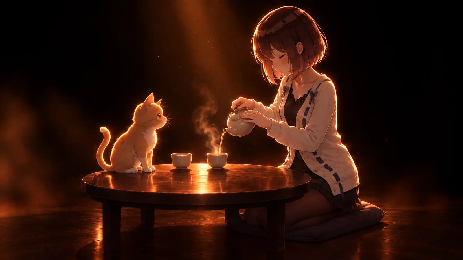 AI-generated illustration of the girl kneeling at a low table and pouring tea while a ginger cat watches the steam