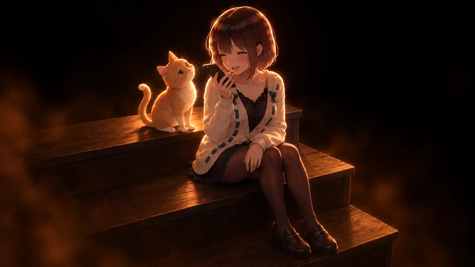 AI-generated illustration of the girl laughing while recording a voice note with a ginger cat beside her on wooden steps