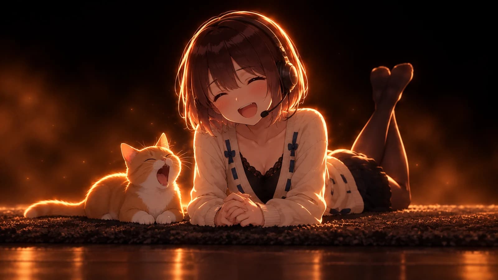 AI-generated illustration of the girl laughing into a headset while lying on a rug beside a yawning ginger cat
