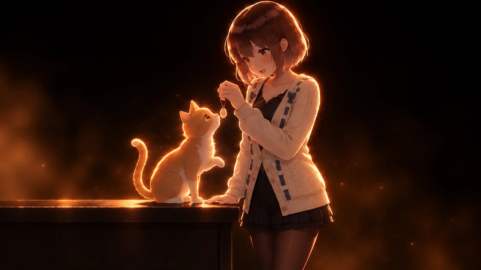 AI-generated illustration of the girl holding a small pendant for a curious ginger cat to inspect