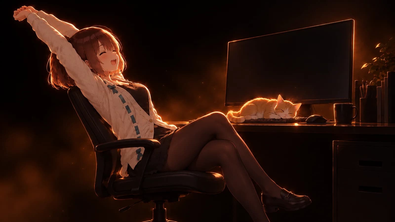 AI-generated illustration of the girl stretching in her desk chair while a ginger cat naps on the keyboard