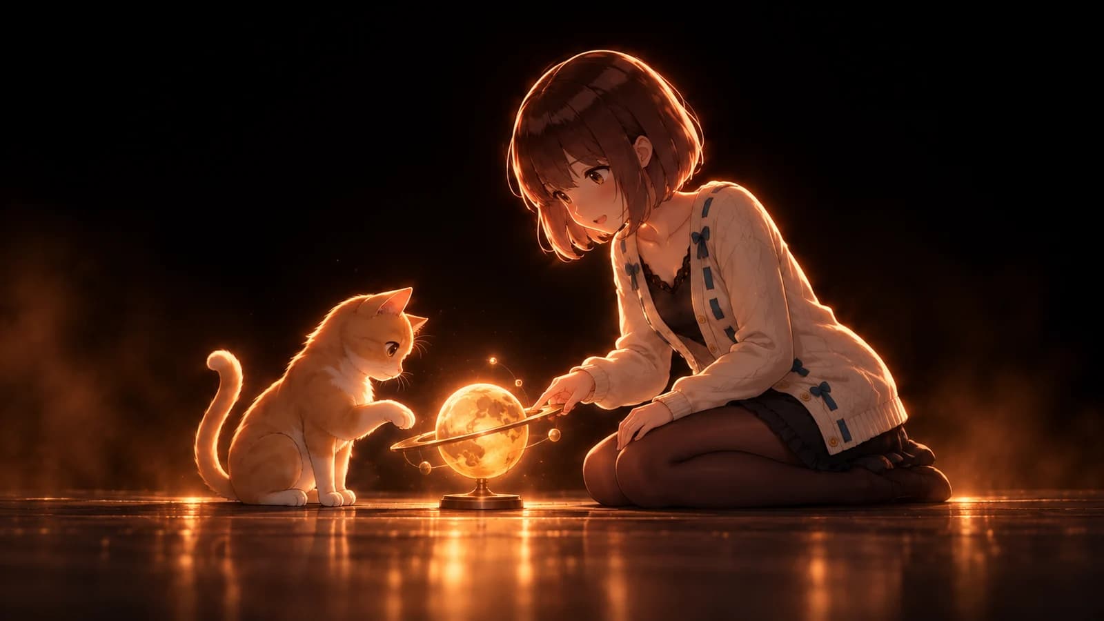AI-generated illustration of the girl and ginger cat exploring a small glowing model of an imaginary world
